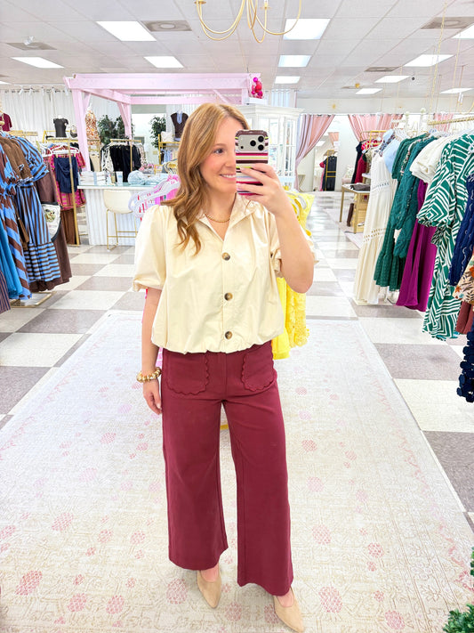 Scallop Patch Pocket Denim  (Burgundy)