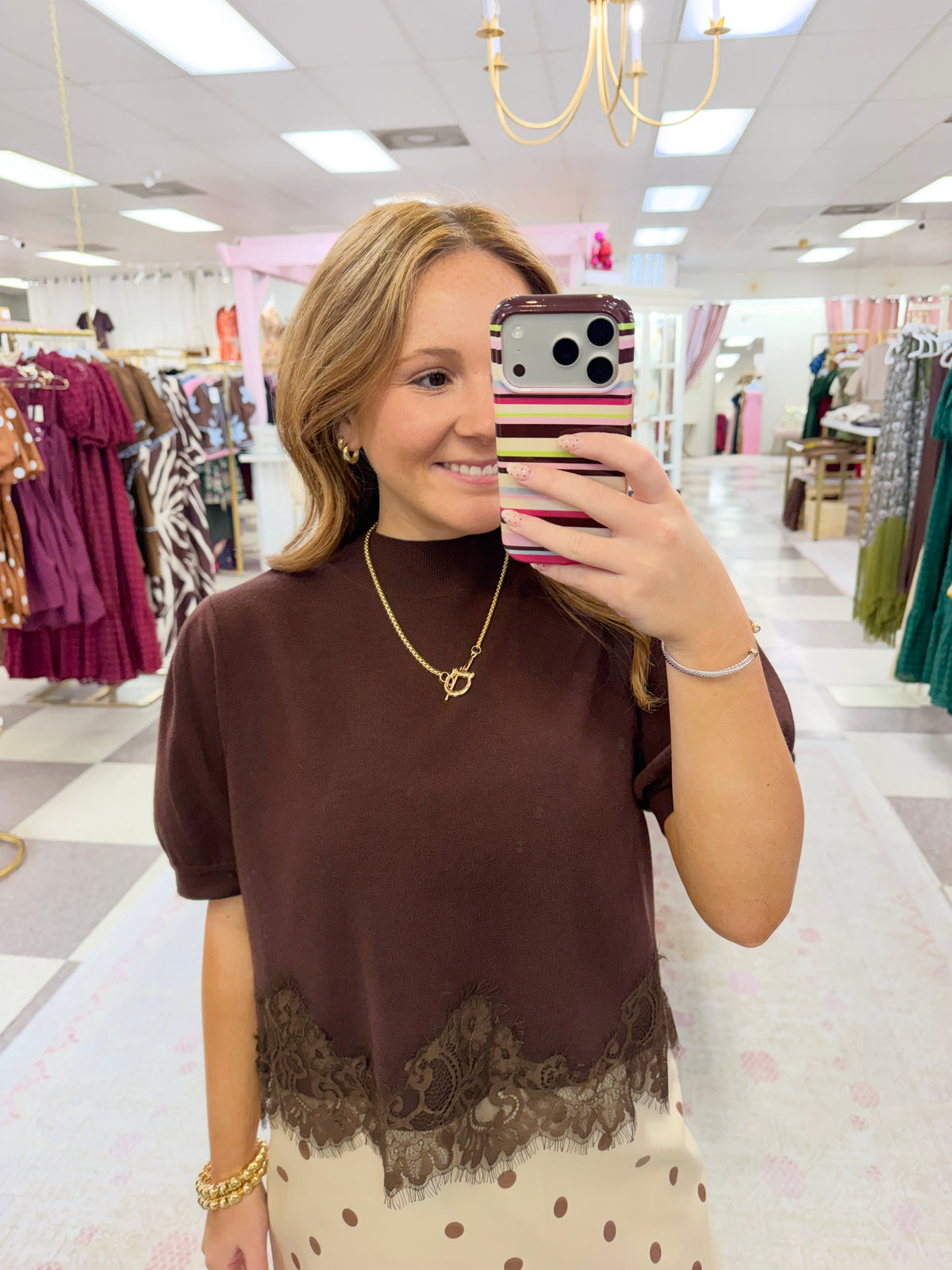 Puff Sleeve Top Lace Hem (Brown)