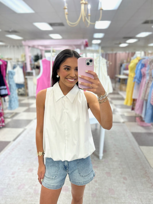 Amy Sleeveless Bubble Hem Top (White)