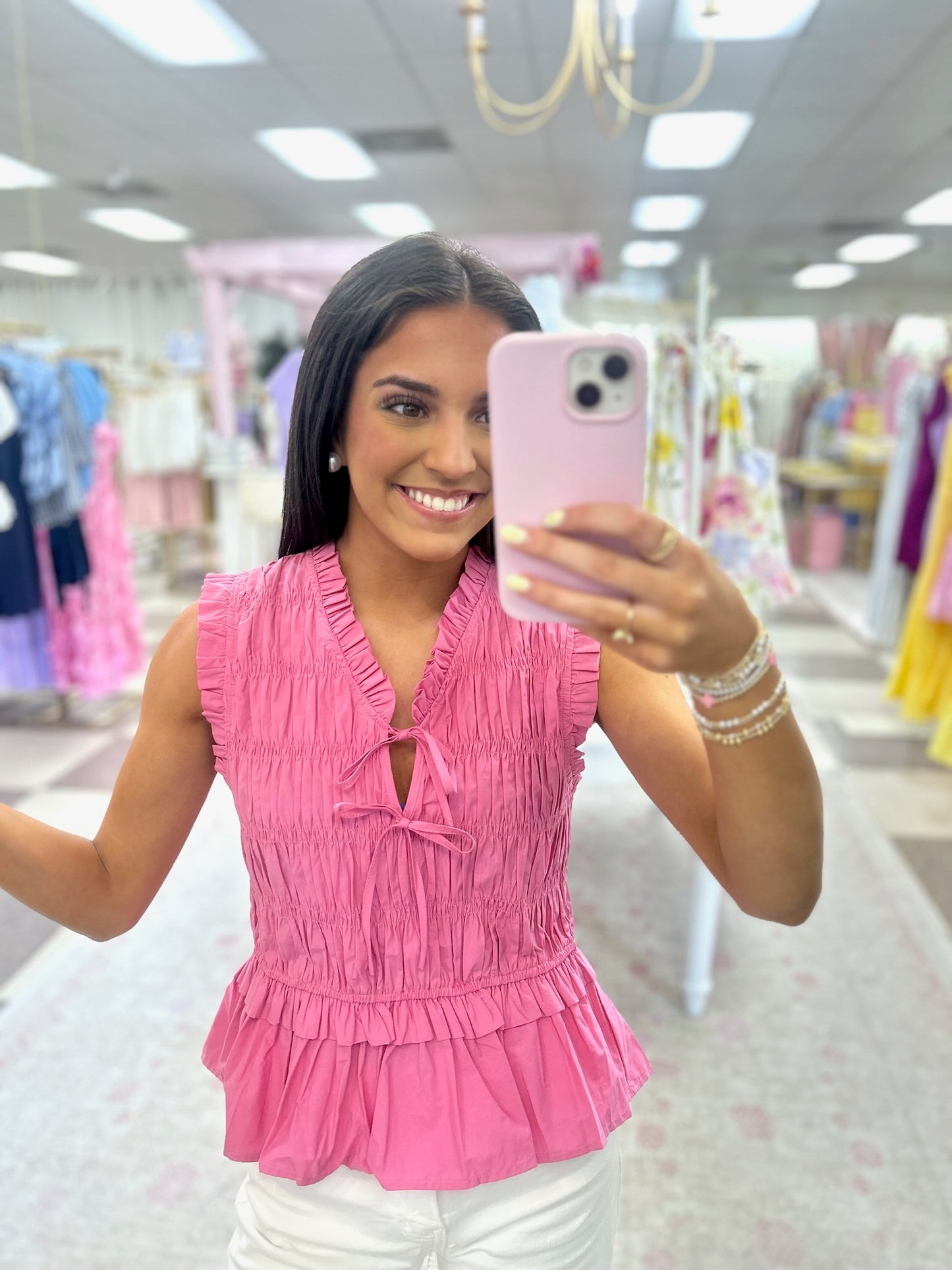 Pink Smocked Peplum Top