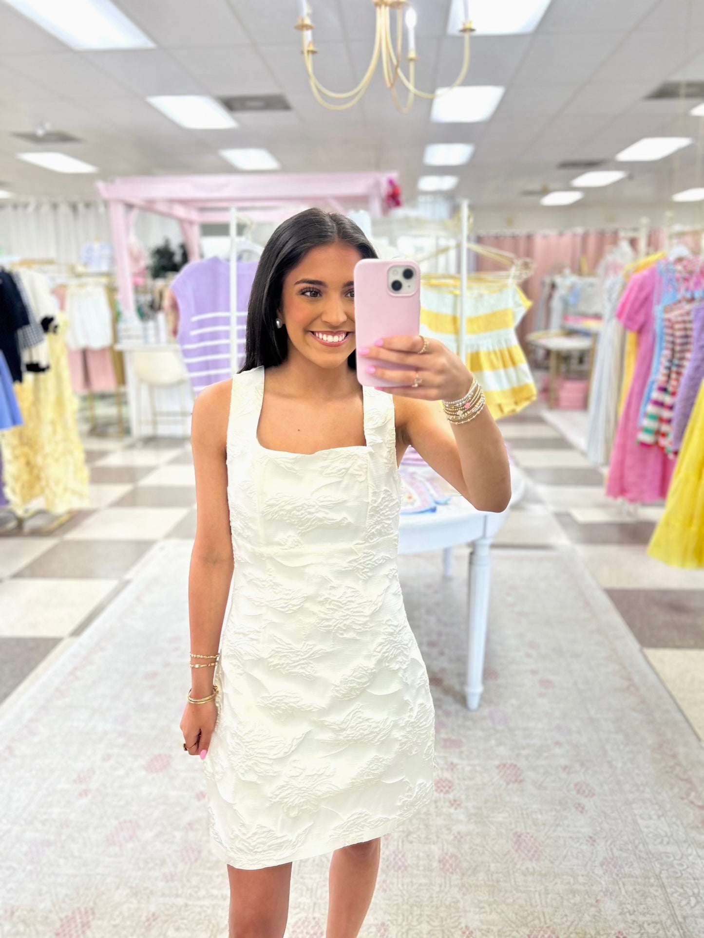 White Jacquard Mini Dress With Back Detail