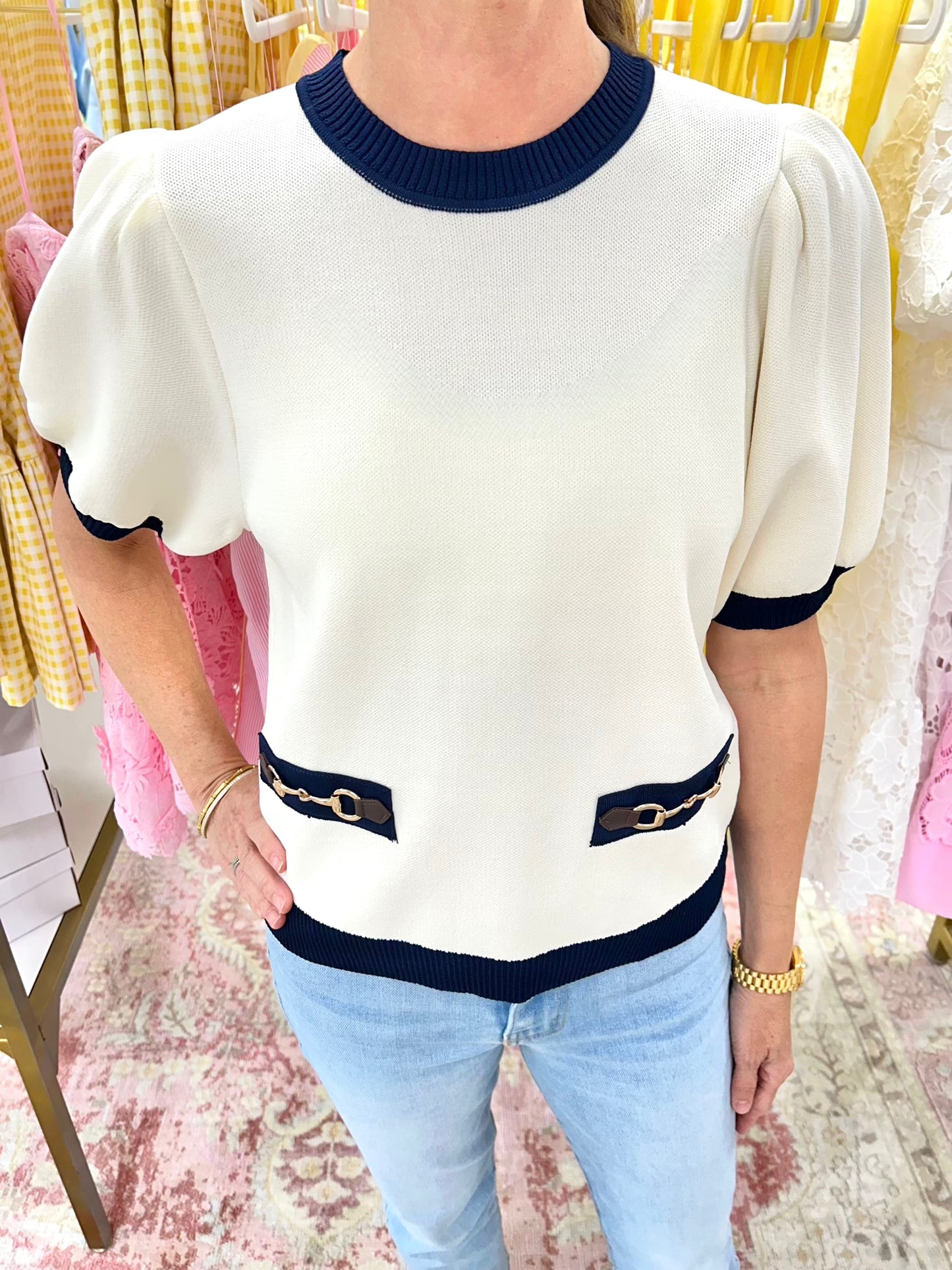 Horse Bit Puff Sleeve Sweater (Cream/Navy)