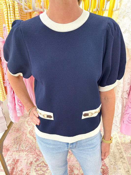 Horse Bit Puff Sleeve Top (Navy/Cream)