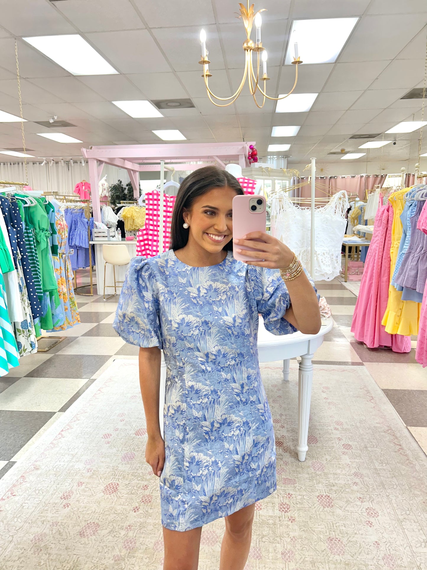 Blue Toile Metallic Mini Dress