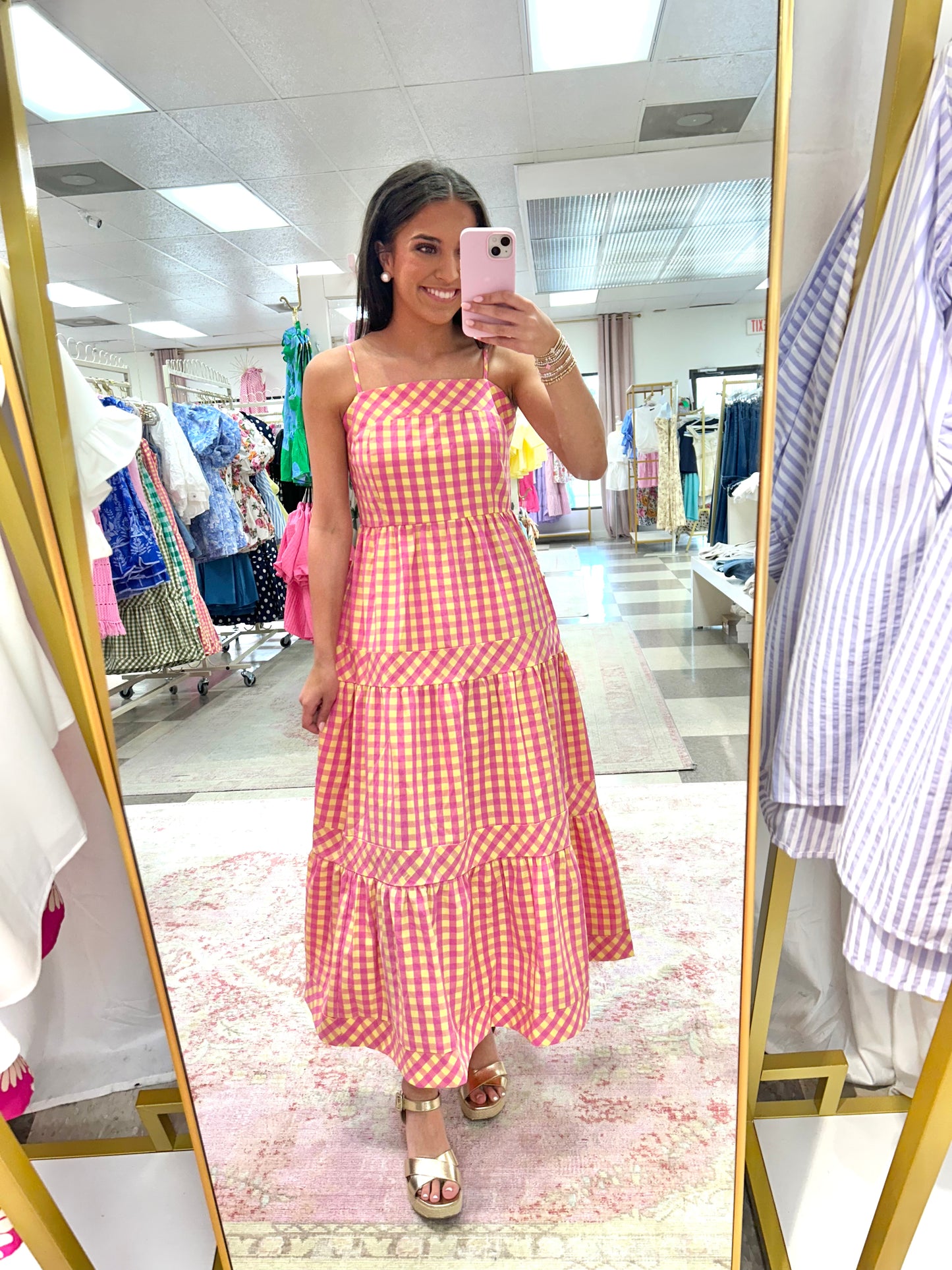 Pink & Yellow Gingham Midi Dress