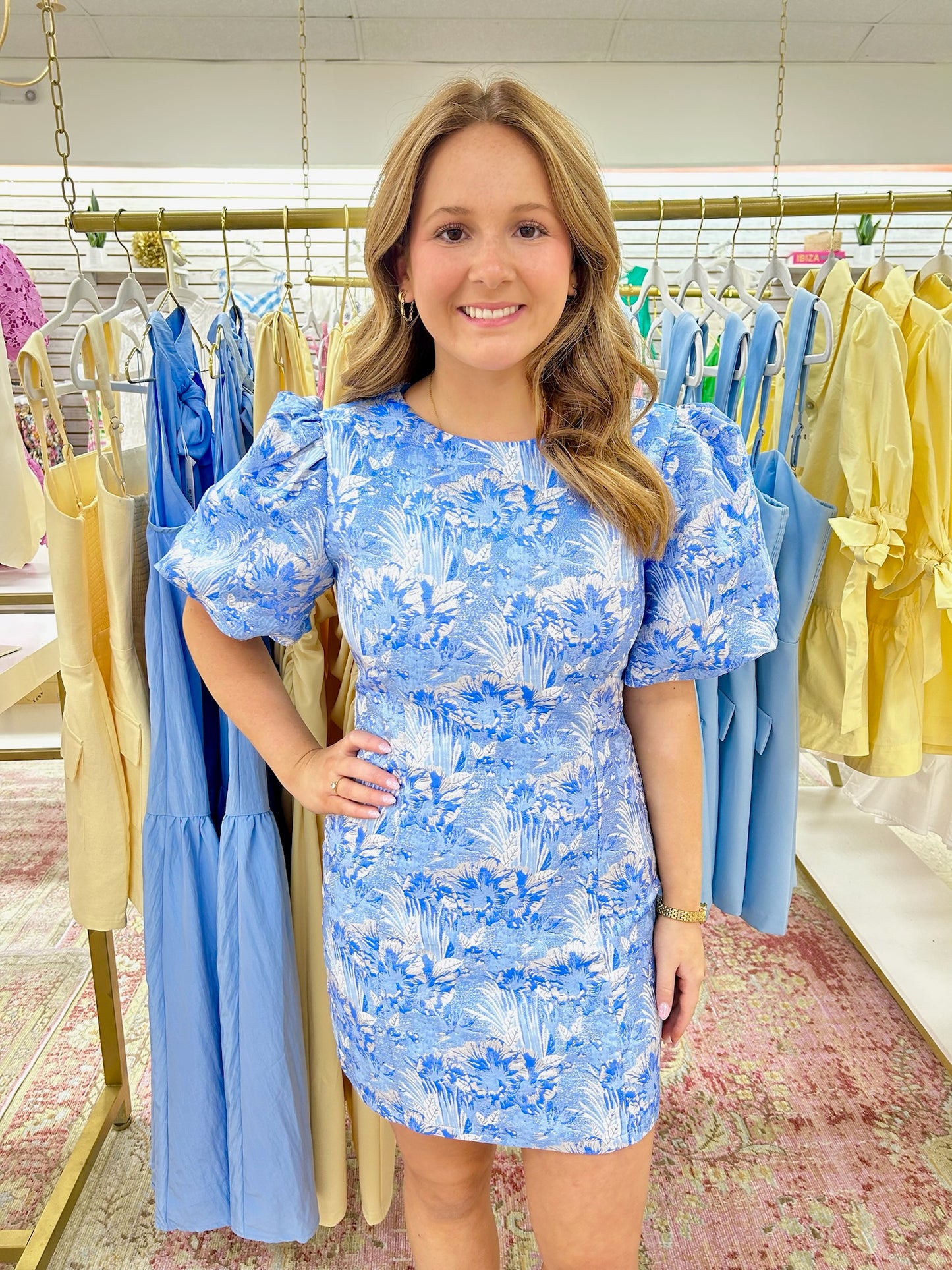 Blue Toile Metallic Mini Dress