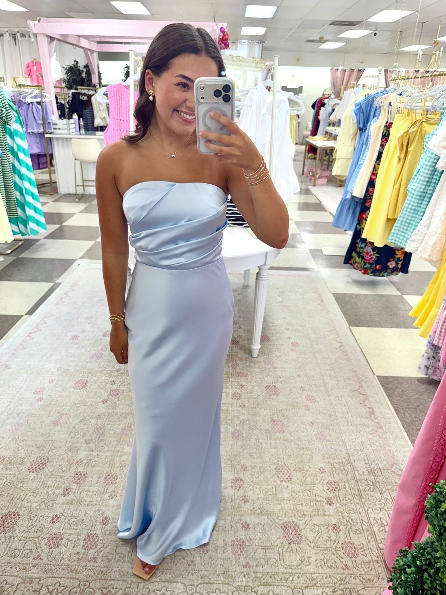 Light Blue Strapless Satin Formal Dress