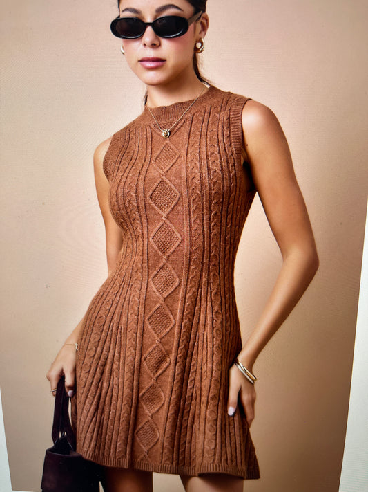 Cable Knit Mini Dress (Brown)