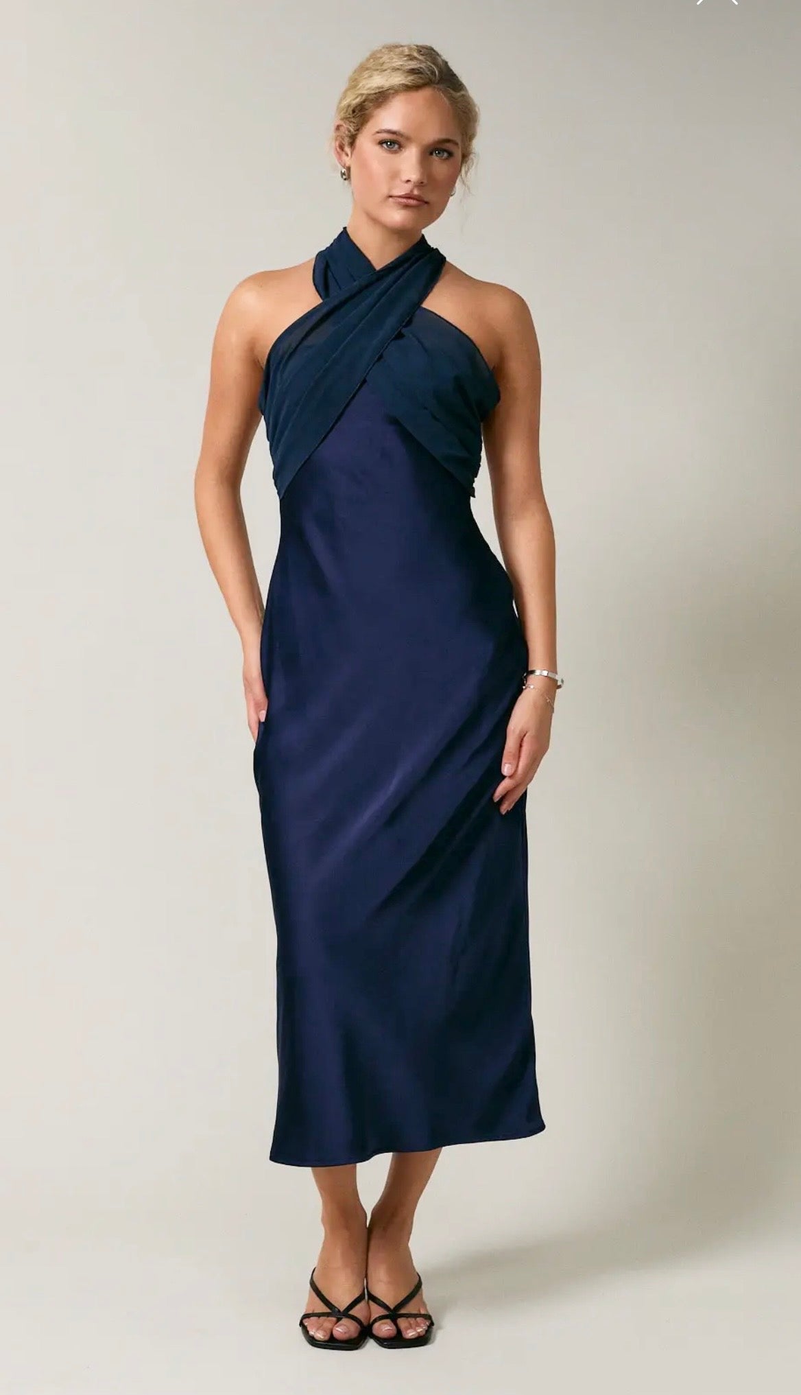 Navy Muse Satin Midi Dress
