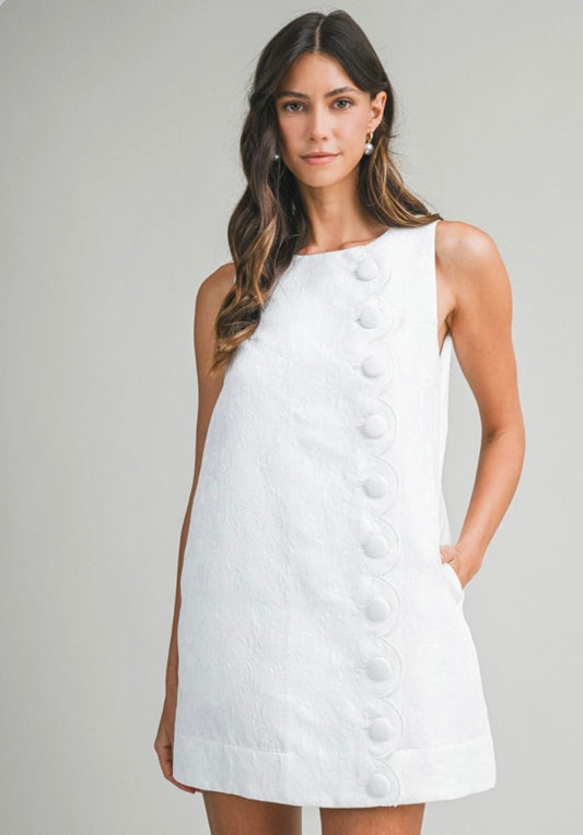 Macie White Scallop Button Detailed Mini Dress