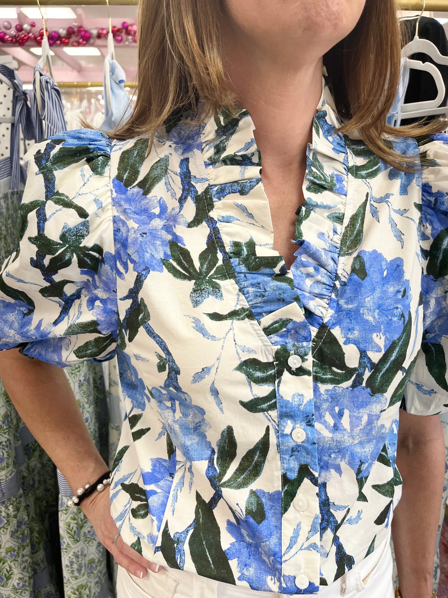 Hydrangea Blue Ruffle Collar Button Down Top