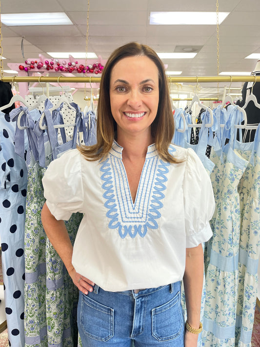 Lets Drink Tequila White Blue Trim Top